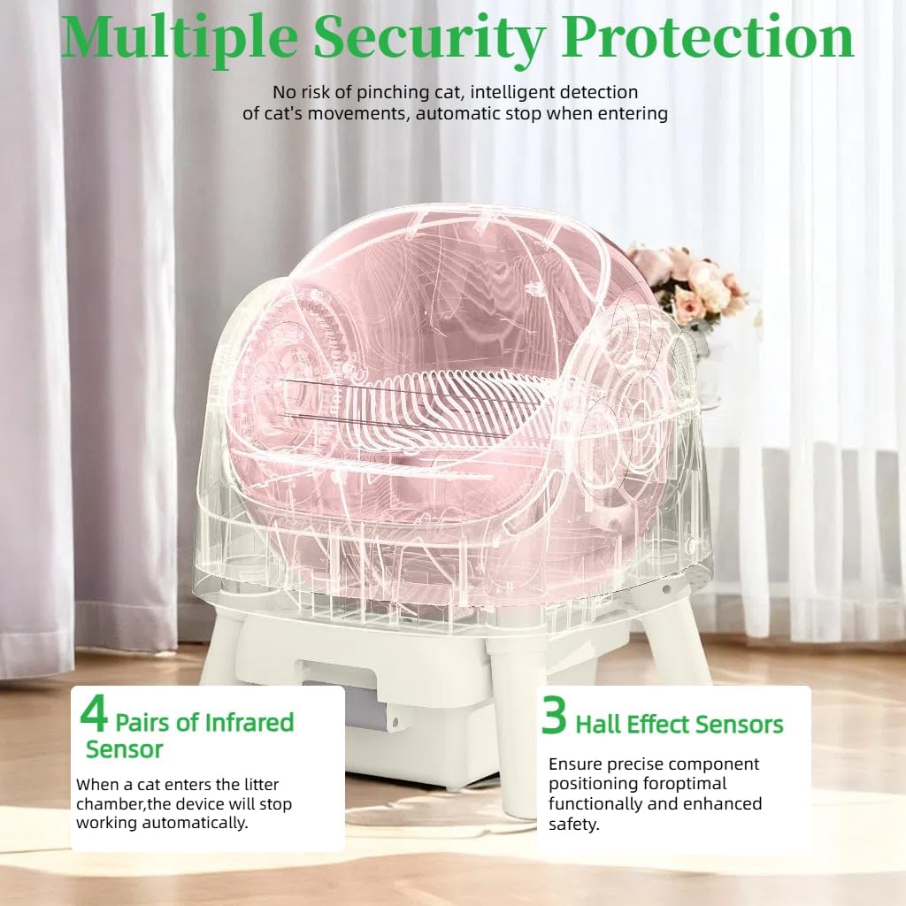 Self Cleaning Litter Box, Open-Top Automatic Cat Litter Box, with 10L Large Waste Container, Easy Maintenance, Bright Pink
