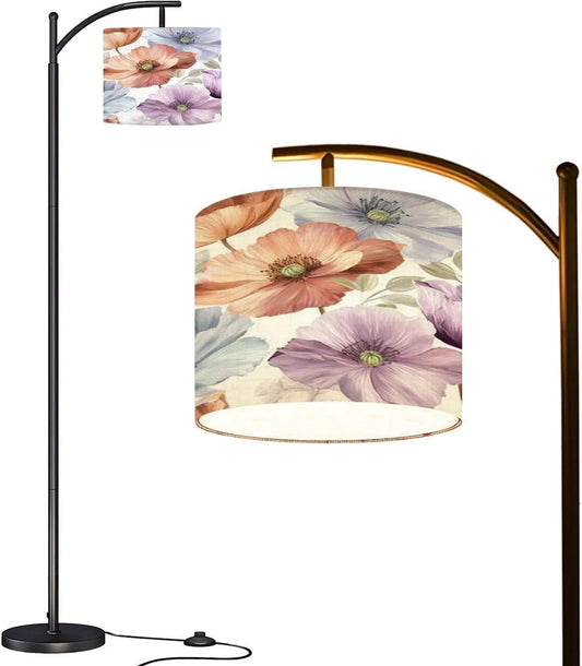 Arc Floor Lamp Pastel colored soft pinks oranges white watercolor flower seamless Tall Standing Lamp Modern Dimmable with Remote Adjustable Drum Shade Footswitch for Living Room Bedroom Office