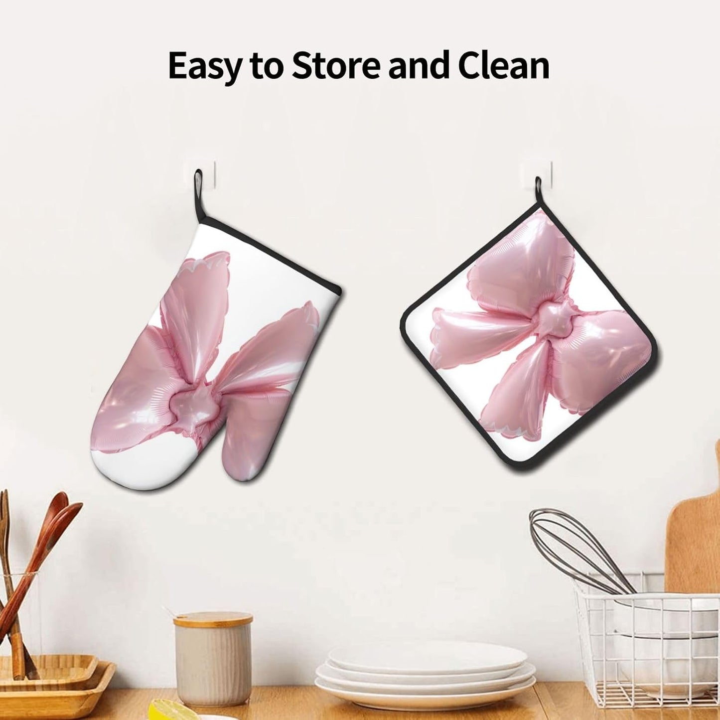Light Pink Bow Balloon Oven Mitts and Pot Holders Sets,Heat Resistant Potholder Kitchen Decor for Cooking Baking BBQ, Oven Glove Set