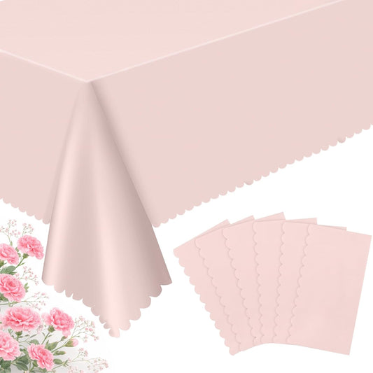 6 Pack Plastic Light Pink Tablecloths, 54 X 108Inch Disposable Spring Tablecloth Scalloped Pink Table Cloth for Rectangle Tables Table Cover for Girls Birthday Baby Bridal Shower Tea Party Wedding