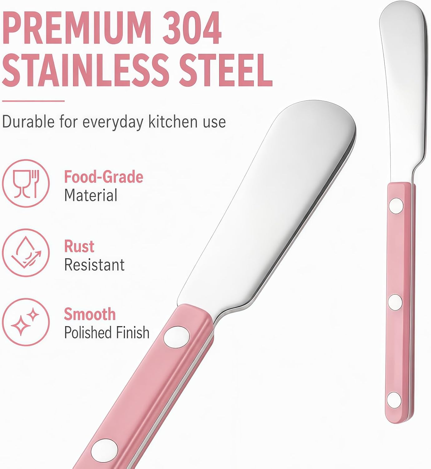 4PCS Stainless Steel Butter Knives Set: 6.3 Inch Cheese Spreader 304 Stainless Steel with Ergonomic Handle for Cheese, Butter & Jam (pink)