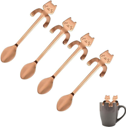 4 Pack Mini Cat Spoon Coffee Tea Spoon Set 304 Stainless Steel Cute Hang Cup Spoon Tableware Flatware Kitchen Gadget for Spice/Salt/Suger Dessert Picking Tea Coffee Drink Mixing (Rose gold)