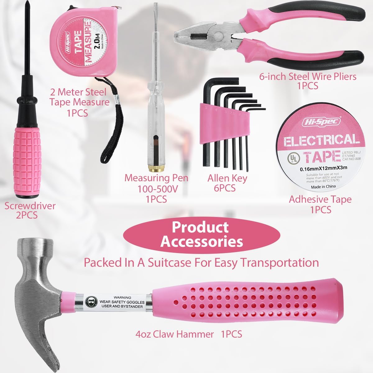 13/24Pcs Household Repair Tool Kit Multi-Purpose Pink Home Hand Tool Set with Storage Case Hammer and Allen Key Set with Electrical Tape Screwdriver Test Pen Plier Bits QUZHEMA_US