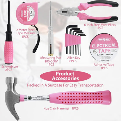 13/24Pcs Household Repair Tool Kit Multi-Purpose Pink Home Hand Tool Set with Storage Case Hammer and Allen Key Set with Electrical Tape Screwdriver Test Pen Plier Bits QUZHEMA_US