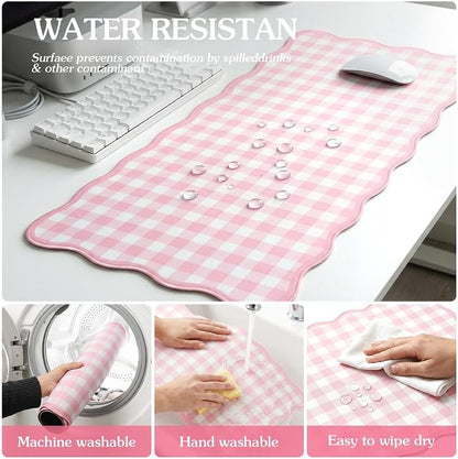 Scalloped Gingham Pink Desk Mat,31.5" x 15.7" Large Cute Aesthetic Desk Mat for Keyboard Mouse, Non Slip Computer Desk Pad,Green Girly Desk Cover Mouse Pad for Desktop Office Home Dorm Decor (Pink)