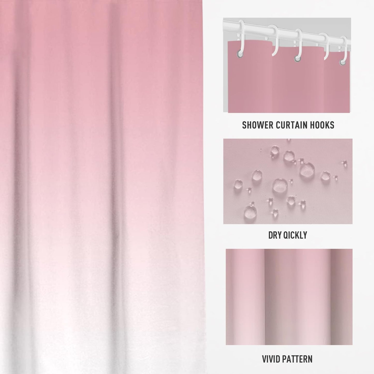 Pink Girls Shower Curtain White Cute Ombre Gradient Girly Elegant Women Preppy Pretty Nursery Decor Toddler Blush Pastel Baby 60x72 Inch Fabric Polyester Cloth Washable Bathroom Decor 12 Hooks