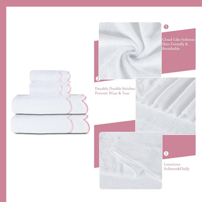 100% Cotton 600 GSM Fingertip Towels Cute Soft Absorbent Embroidered Scalloped Hand Towels Decorative for Bathroom Home Hotels (Pink, 2-Pack(27" L x 16" W/54 L x 27" W))