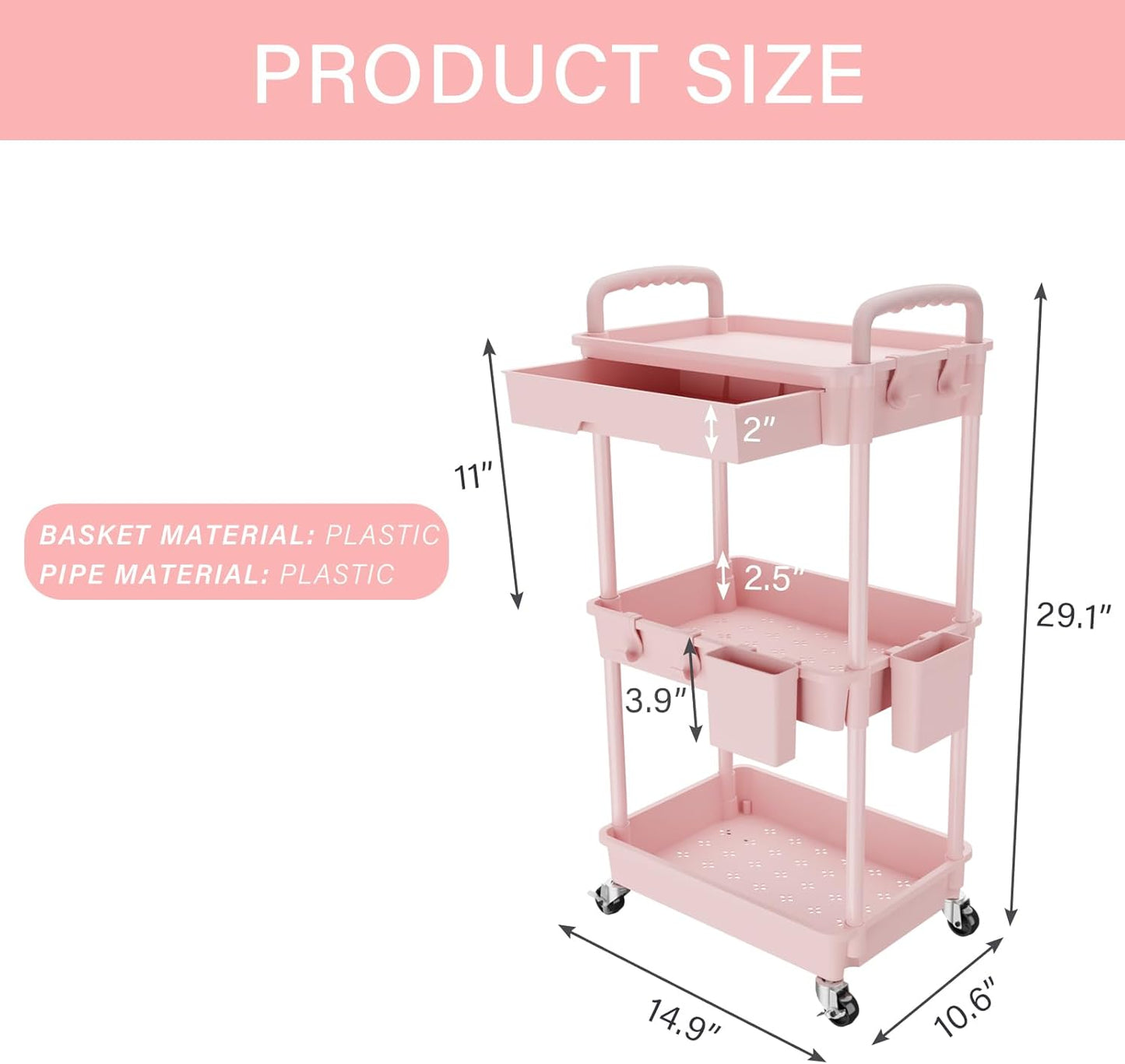 REBECAT 3 Tier Rolling Utility Cart with Drawer,Storage Cart,Rolling Cart for Kitchen,Bathroom,Living Room,Storage Organizer with Iron Wheels（Pink