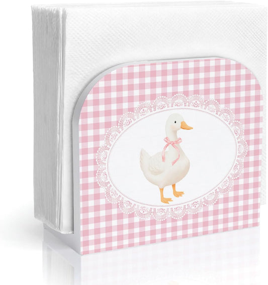 Pink Gingham Plaid Goose Wood Napkin Holder for Table, Coquette Bow Goose Checkered Wooden Standing Napkin Dispenser for Home Kitchen Dining Room Party Cafe Bar Decorations