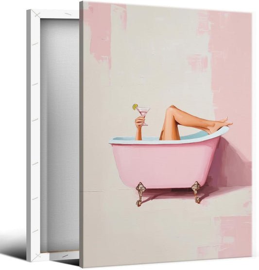 Pink Bathroom Canvas Wall Art, Cheeky Girl In Bathtub with Martini Aesthetic Poster, Preppy Dopamine Cocktail Bar Cart Wall Decor, Trendy Pastel Girly Restroom Print Painting 12x16in Wrapped Canvas