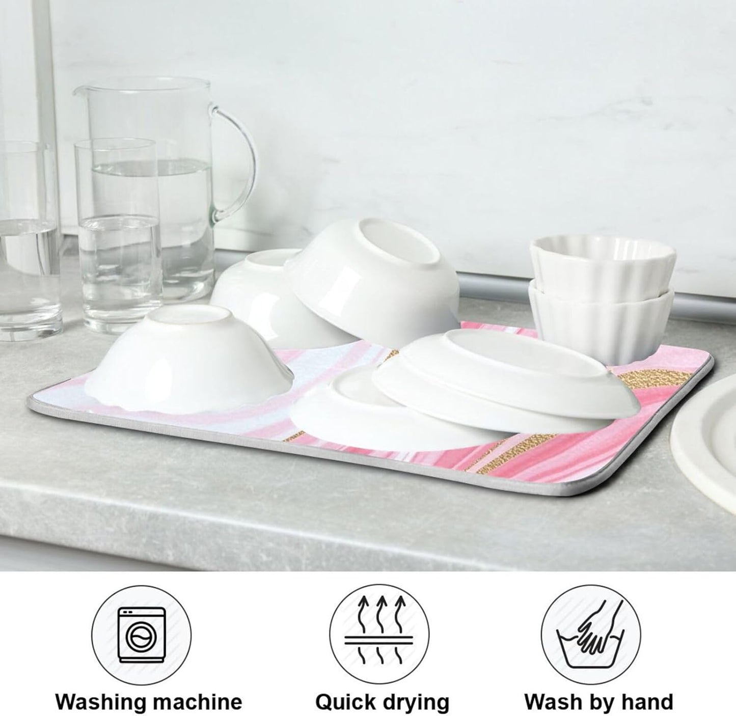 Kcldeci Gold Marble Design Pink Marble Stripes Stains Of Gold Dish Drying Mat Kitchen Drying Pad Dish Draining Mat Dish Rack Drainer Pad 18 x 24