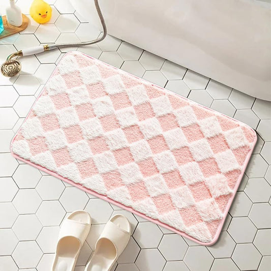 Checkered Bathroom Mat Pink Diamond Bath Rug Non Slip Super Absorbent Machine Washable Area Rug for Shower Sink (24 x 35 Inch)