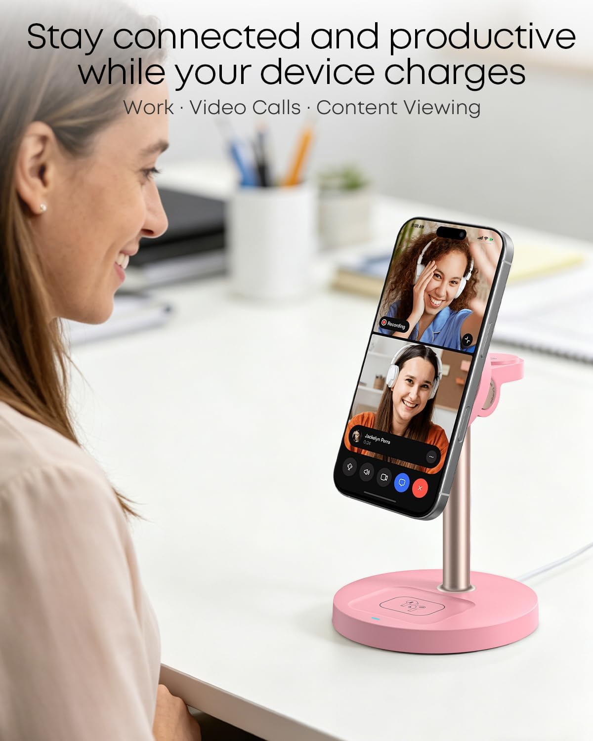 3 in 1 Magnetic Wireless Charging Station, 15W Fast Charger Stand for iPhone, Phone Charger Stand for Desk Nightstand, for iPhone 17/16/15/14/13/12, Apple Watch & AirPods, Adapter Not Included -Pink