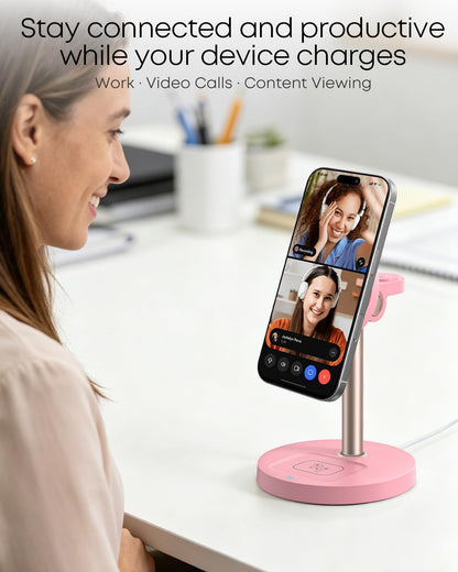 3 in 1 Magnetic Wireless Charging Station, 15W Fast Charger Stand for iPhone, Phone Charger Stand for Desk Nightstand, for iPhone 17/16/15/14/13/12, Apple Watch & AirPods, Adapter Not Included -Pink