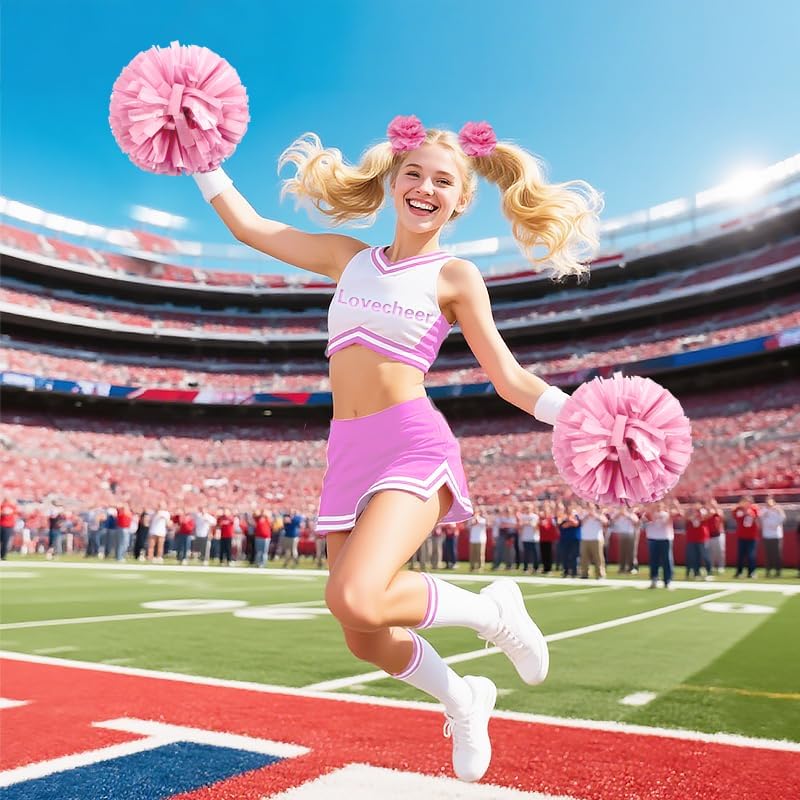 Lovecheer 5PCS Pom Poms Cheerleading with Mini Pompoms Hair Ropes Cheerleader Costume Gifts Wrist Decor for Sports Basketball Hockey Football Team Spirits Dance