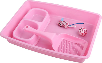 PAWISE Newborn Small Cat Litter Box Kit for Kittens – 5‑Piece Kit with Low Entry Litter Pan, Scooper, Feeding Bowls & Mouse Toy – Cat Starter Set for New Kitty Home, Pink