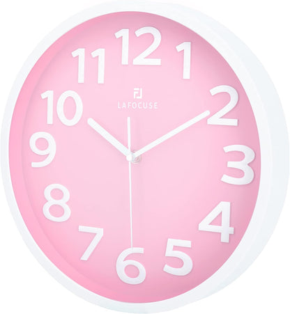 Lafocuse 12 Inch Silent 3D Numbers Pink Wall Clock Girls Bedroom, Battery Operated Pink Clock Wall for Living Room Decor