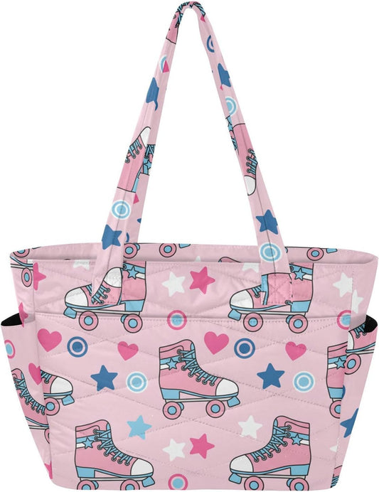 Sinestour Skates Stars Pink Print Lightweight Quilted Tote Bag for Women Foldable Shoulder Handbag with Compartments Crossbody Purse for Gym Travel Work Beach