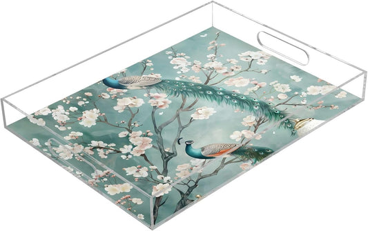 Peach Peacock,15.7 x 11.8 in Acrylic Serving Trays with Smooth Edge Design for Home and Workplace Use