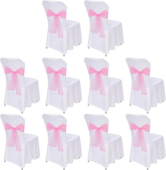 10PCS Pink Chair Sashes, Organza Elegant Chair Bows Sheer Ribbon Tie Back Universal Chiffon Knots Ties for Wedding Banquet Party Decoration Classroom