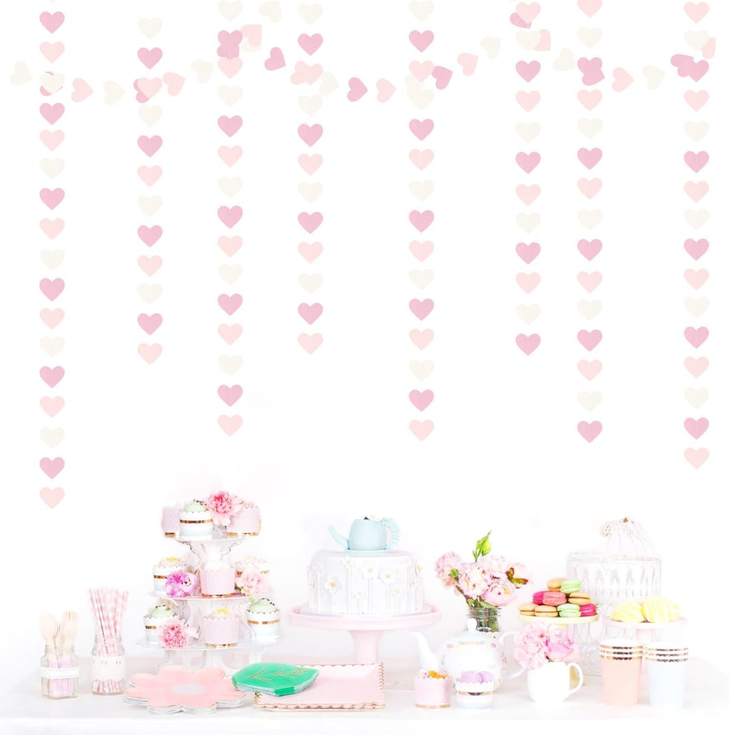 Pink-White Girls Birthday Party-Decorations Heart-Garland - 52Ft Valentines Day Proposal Galentines Wedding Paper Streamers Banner,Baby Bridal Shower Engagement Bachelorette Decor Lasting Surprise