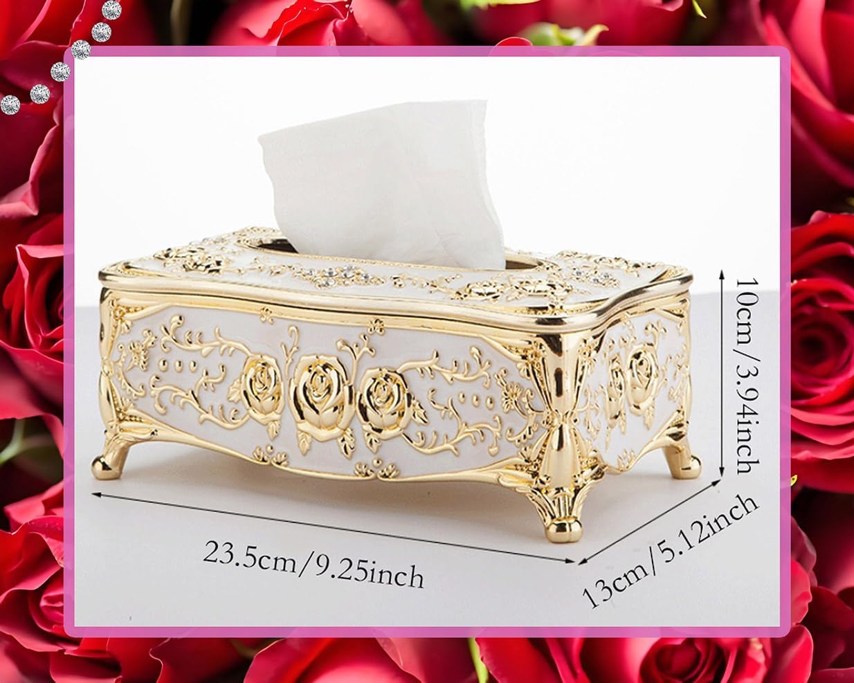 European Luxury Tissue Box Holder,Bling Rose Rhinestone Rectangle Tissue Box Cover,Decorative Tissue Box Holders (Gold & Pink)