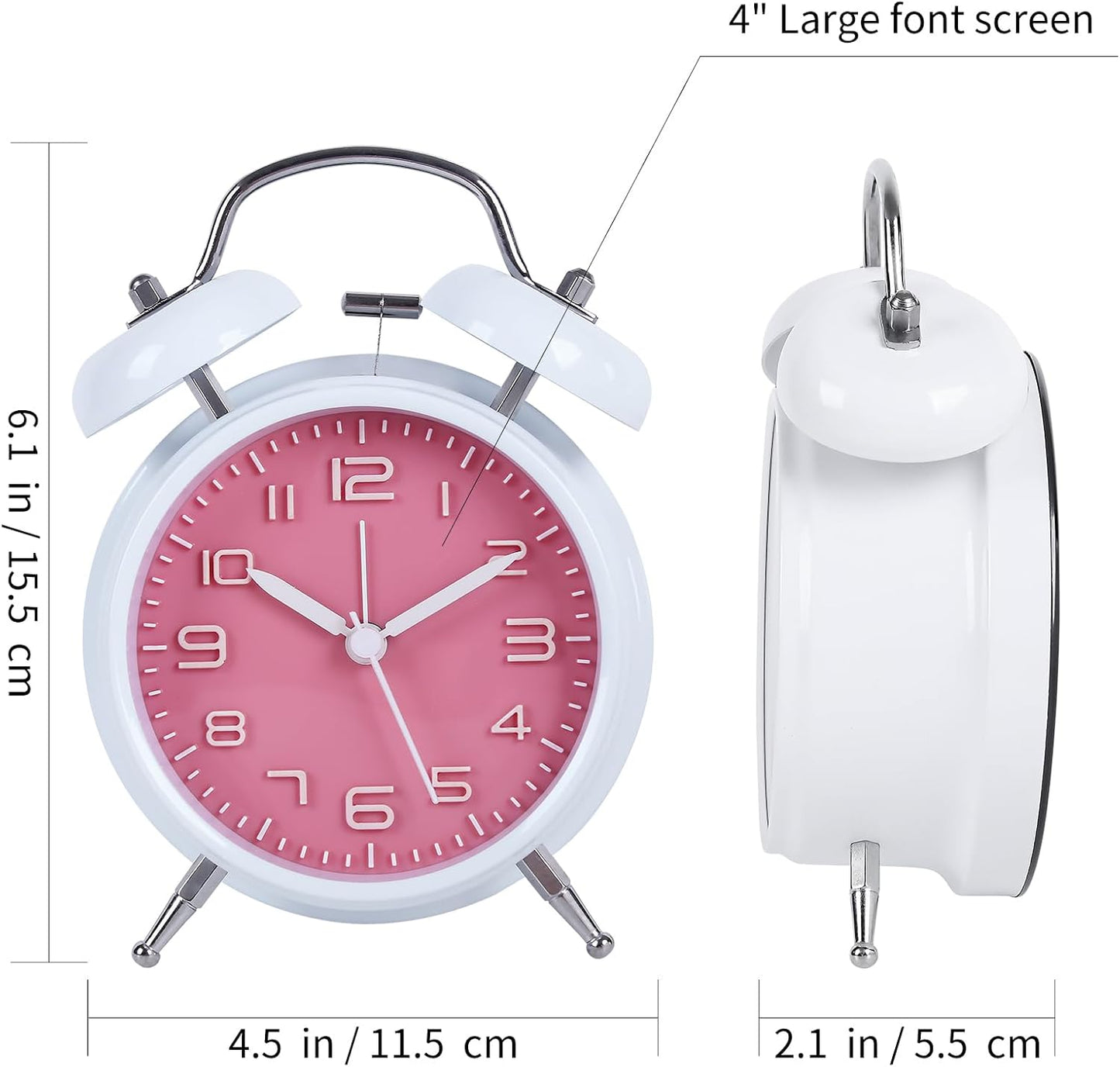 pxy Loud Alarm Clock for Heavy Sleepers 3D Dial Battery Operated (Battery Include), 4" Super Silent Analog Alarm Clock for Kids with Night Light PT260 Silver OrangePT505 White Pink