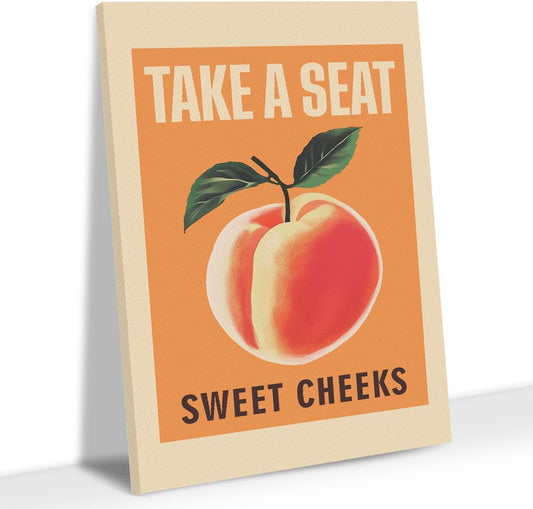 Forola Funny Bathroom Wall Art,16x24 Inch Take A Seat Sweet Cheeks Peach Retro Canvas Print,Lovely Fruit Poster,Vintage Humorous Bathroom Decor for Toilet, Restroom, Powder Room Wall Hanging