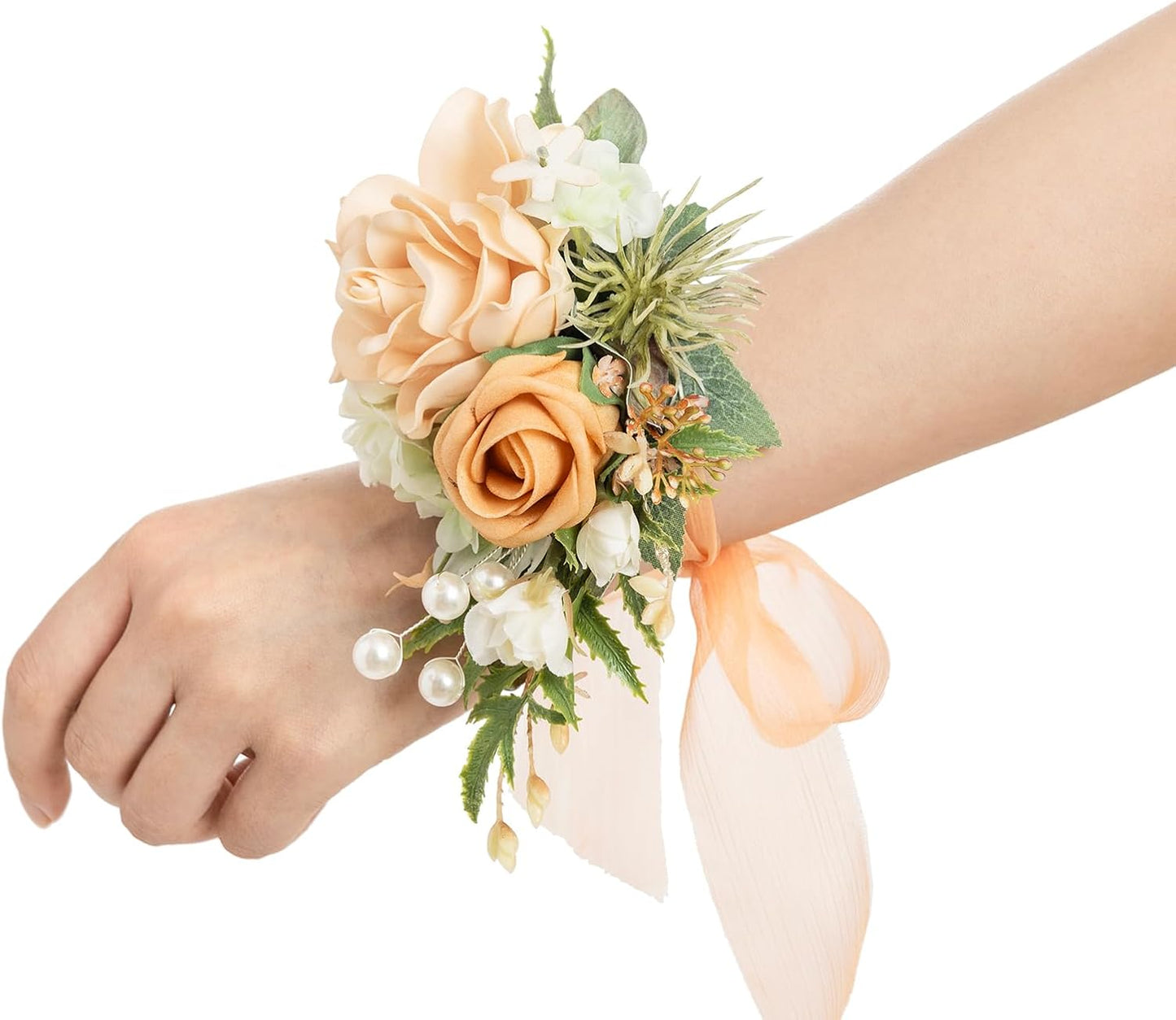Ling's moment 2pcs Prom Wrist/Shoulder Corsage Artificial Flower, Girl/Mother Homecoming/Wedding Corsage Wristlet Décor, etc. Yellow Orange Peach