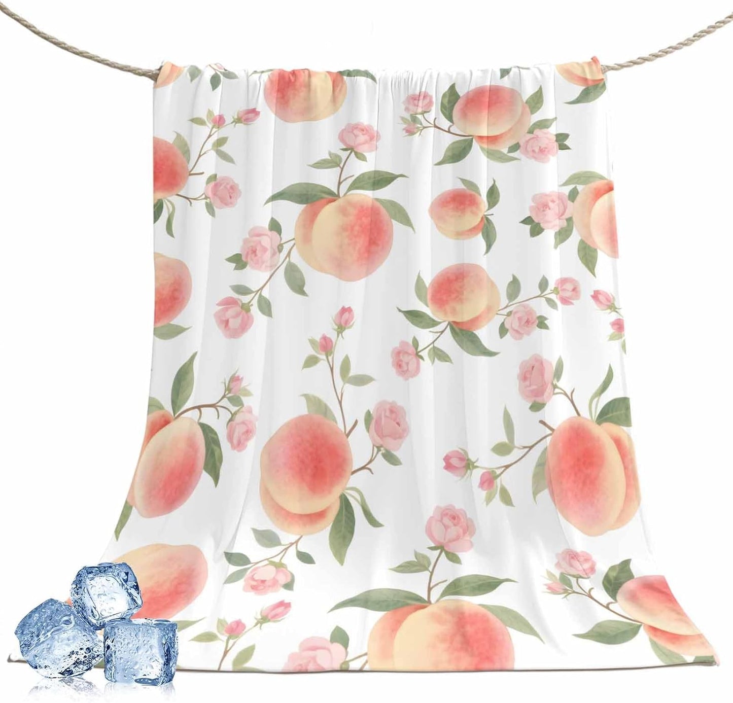 Cooling Throw Blanket 40"x60" for Teens, Peach Lightweight Breathable Bed Blanket for Hot Sleepers, Spring Floral Green Leaf Botanical Pink Fruit Soft Summer Cool Blankets for Travel, Sofa, Couch