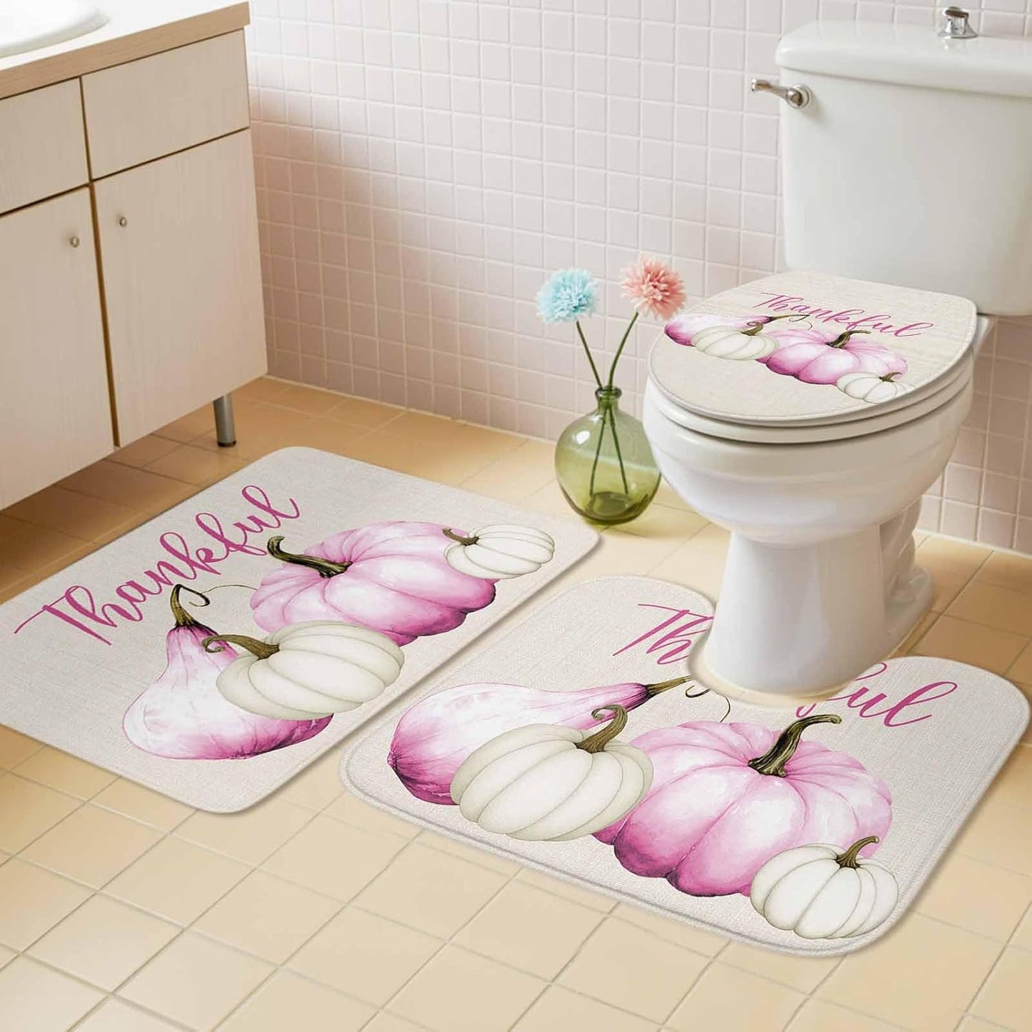 Pink White Pumpkin Bathroom Rug Sets 3 Piece, Non Slip Bath Mat, Fall Thanksgiving Retro Light Beige Absorbent Floor Mats Bath Rugs with U-Shaped Contour Rug Toilet Lid Cover Bathroom Decor Small