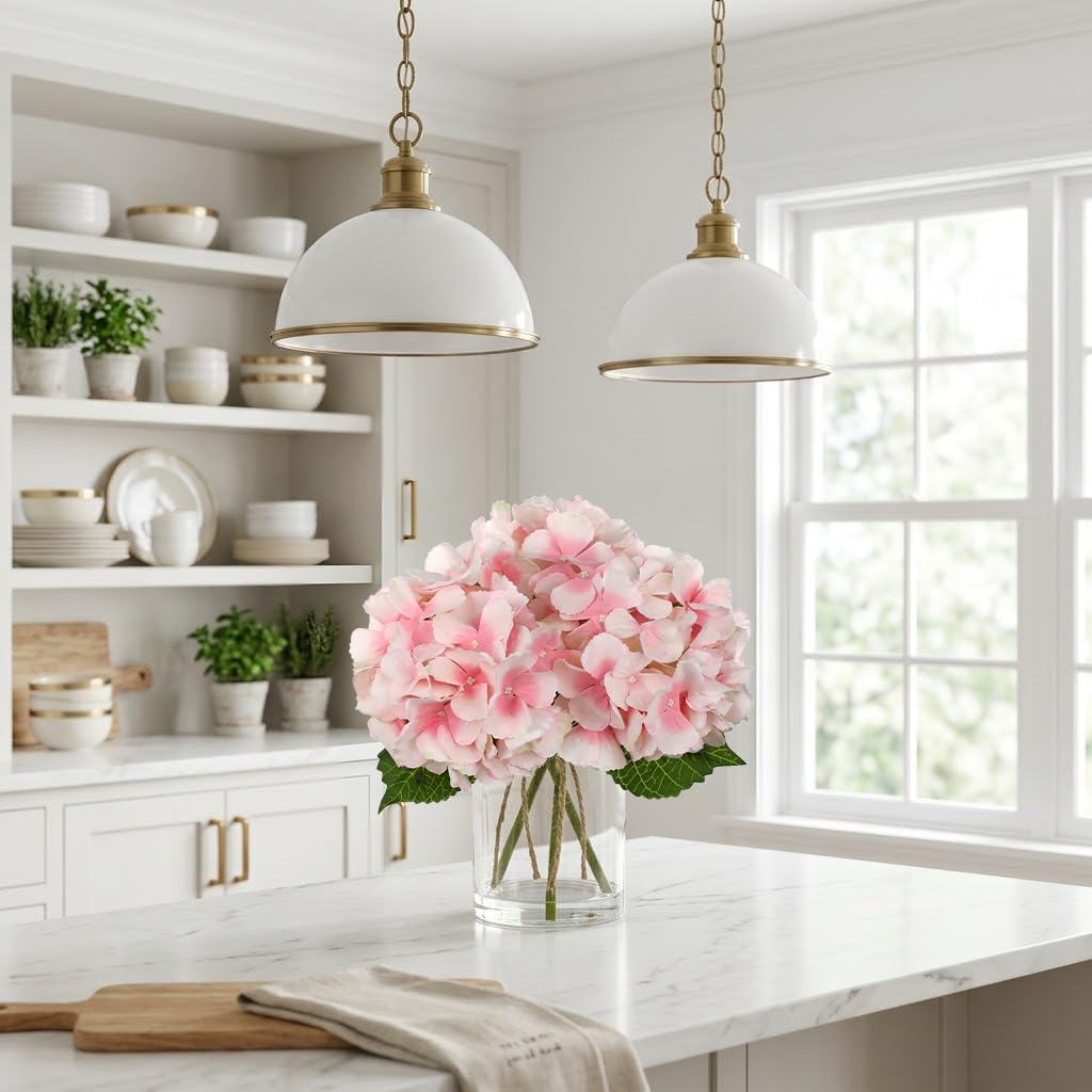 DILATATA Hydrangea Artificial Flowers with Glass Vase, Pink Real Touch Silk Hydrangea Arrangement with Faux Water, Small Faux Floral Centerpiece for Home Decor, Wedding, Bathroom, Shelf, Coffee Table