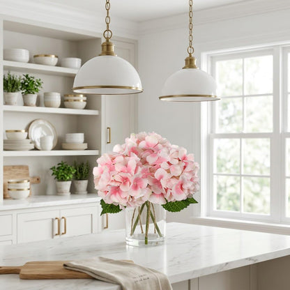 DILATATA Hydrangea Artificial Flowers with Glass Vase, Pink Real Touch Silk Hydrangea Arrangement with Faux Water, Small Faux Floral Centerpiece for Home Decor, Wedding, Bathroom, Shelf, Coffee Table