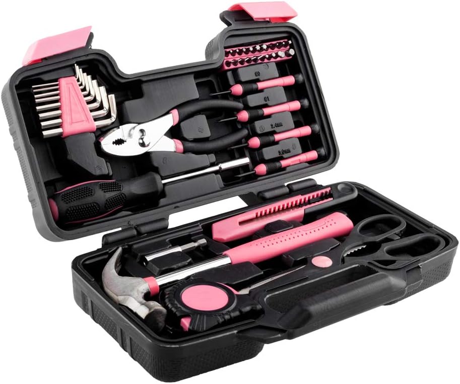 39-Piece Home Tool Kit with Carrying Case, Hand Tools Set with Pliers, Screwdrivers, Hammer,Pink