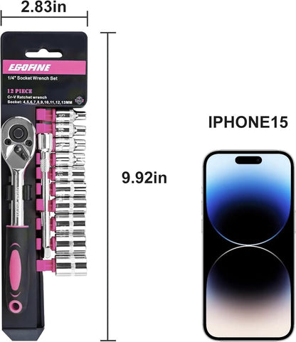 Egofine 12pcs 1/4 Inch Mini Ratchet Socket Wrench Set, Drive Socket Set with 10 Sockets (4-13mm) and 2 Way Quick Released Ratchet Handle and Extension Bar, Pink