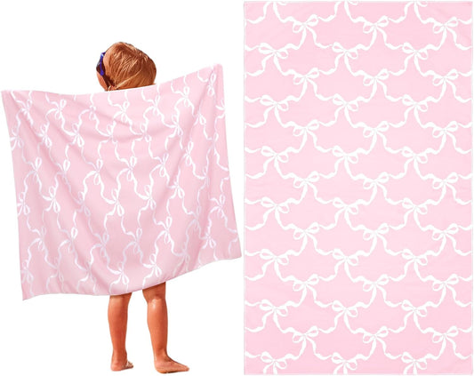 HunnmingRe Pink Bow Kids Beach Towels Coquette Girls Cute Bow Beach Towel 50 x 30 Inch Summer Absorbent Quick Dry Microfiber Pool Bath Supplies for Bath Sport Travel Swimming Camping Party Supplies