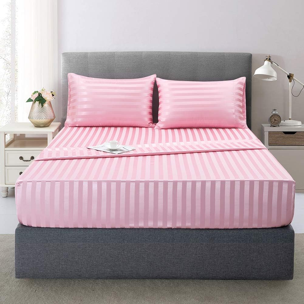 Lanest Housing Satin-Silk Sheets Full Size Bed Set, Pink Soft Cooling Deep Pocket Sheets, Hypoallergenic, Wrinkle and Fade Resistant Bedding Set, Striped
