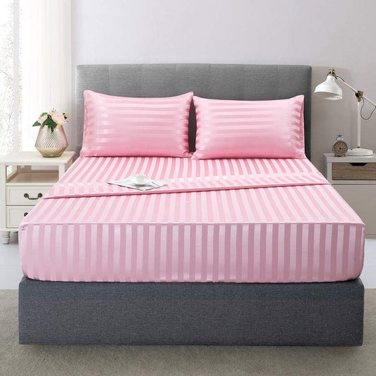 Lanest Housing Satin-Silk Sheets Full Size Bed Set, Pink Soft Cooling Deep Pocket Sheets, Hypoallergenic, Wrinkle and Fade Resistant Bedding Set, Striped