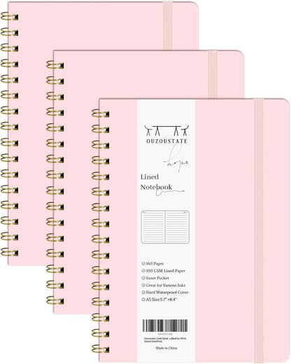 Lined Spiral Notebook 3Pack A5 Pink College Ruled Hardcover Journal 160 Pages-5.67" x 8.4",100 GSM Paper, Spiral Bound Notebook for Work School Note Taking Business