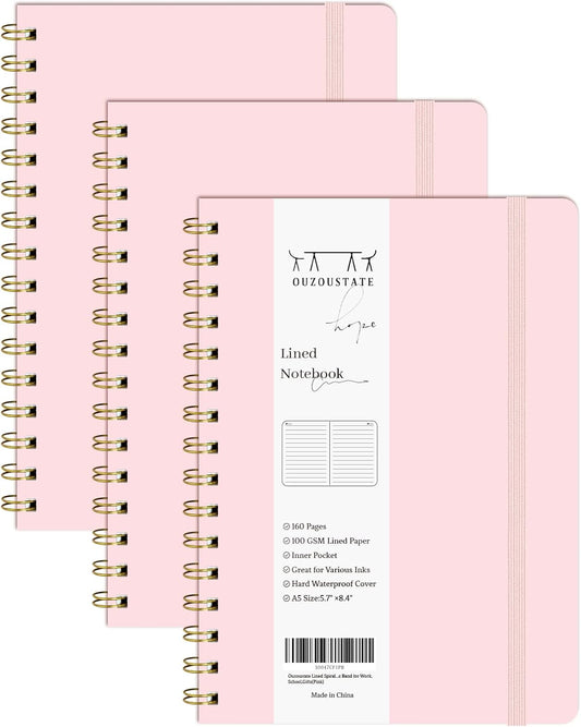 Lined Spiral Notebook 3Pack A5 Pink College Ruled Hardcover Journal 160 Pages-5.67" x 8.4",100 GSM Paper, Spiral Bound Notebook for Work School Note Taking Business