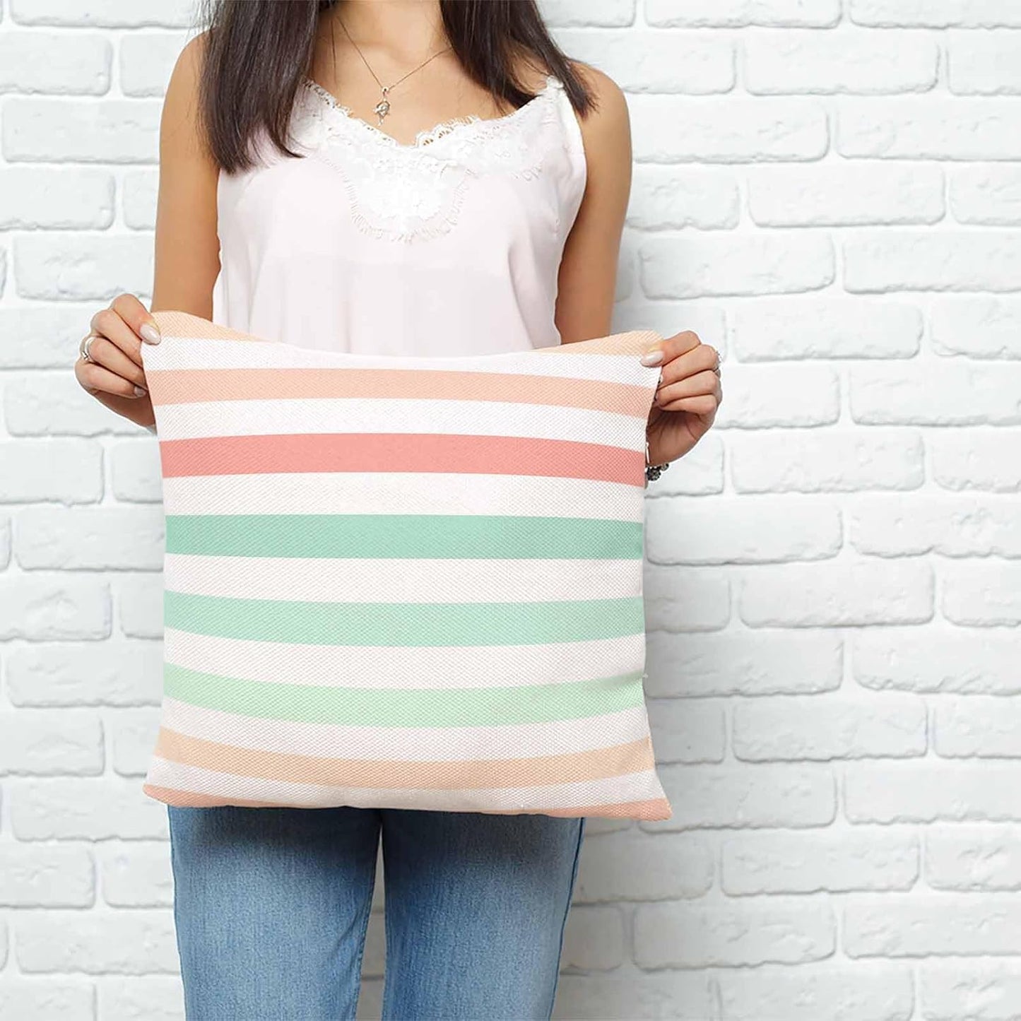 Throw Pillow Covers 18 x 18 Inch, Peach Pink Green Ombre Cotton Linen Pillows Cases, Farmhouse Stripe Modern Square Cushion Covers for Couch Sofa Bed
