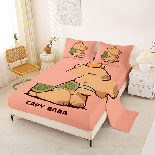 Manfei Cartoon Capybara Bed Sheet Turtle Shell Kawaii Bedding Sets (1 Fitted,1 Flat,2 Pillowcases) Lazy Cute Animal Luxury Deep Pocket Bed Sheets Kids Boys Girls Queen Peach Pink