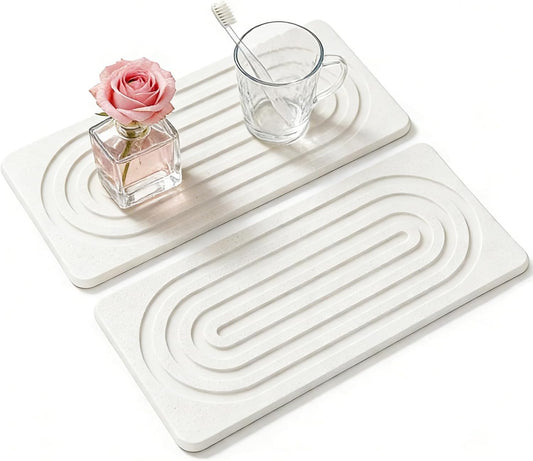 2 PCS Water Absorbing Diatomite Coasters, Stone Drying Mat for Kitchen Counter, Quick Dry Stone Mat Trays for Bathroom Kitchen Counter, Soap Dish Tray Used for Hand Soaps (White, 8.3" x 4")