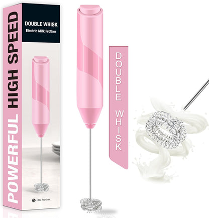 Double Whisk Milk Frother, Handheld Electric Blender stick, Drink Mixer with Food Grade Stainless Steel Stirrer, Battery Operated Foam Maker for Coffee, Cappuccino, Matcha,Hot Chocolate Latte, in Pink