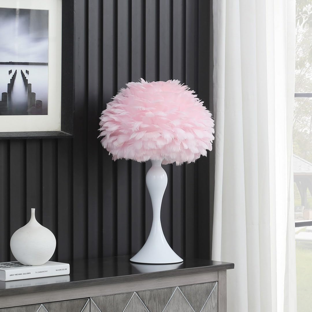 Elegant Soft Pink Feather Table Lamp with White Glossy Candlestick Base, 18.25-Inches Tall