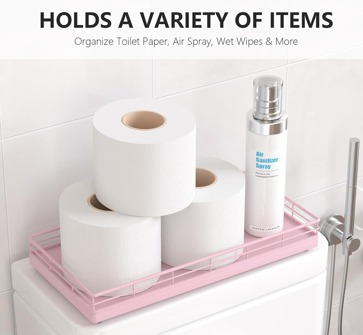 Toilet Paper Basket Organizer – Oak Wood Toilet Tank Tray with Metal Frame, Bathroom Counter Top Storage for Toilet Paper, Wipes & Decor, Modern Narrow Back of Tank Shelf Organizer, Pink