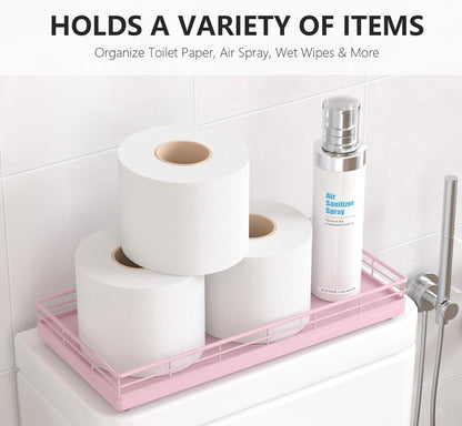Toilet Paper Basket Organizer – Oak Wood Toilet Tank Tray with Metal Frame, Bathroom Counter Top Storage for Toilet Paper, Wipes & Decor, Modern Narrow Back of Tank Shelf Organizer, Pink