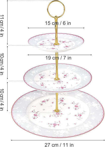 fanquare Pink Rose 3 Tier Porcelain Cupcake Stand, Floral Round Fruit Display Stand, Dessert Tower Tray for Wedding, Birthday and Tea Party