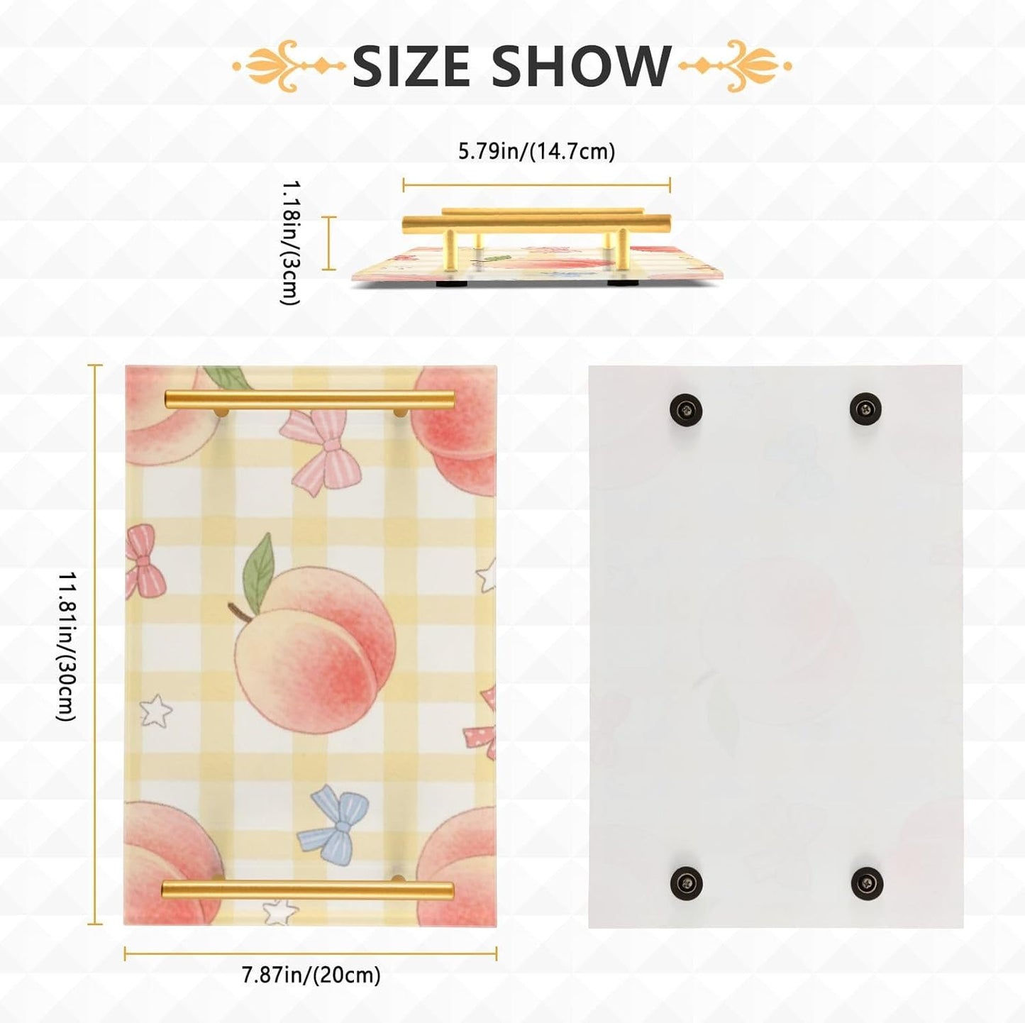 Cute Pink Peaches Decorative Service Tray with Handles Drink Serving Tray for Jewelry Perfume for Living Room Entryway Bedroom
