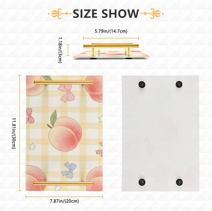 Cute Pink Peaches Decorative Service Tray with Handles Drink Serving Tray for Jewelry Perfume for Living Room Entryway Bedroom